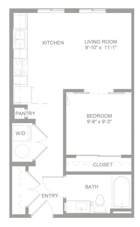 Floor plan for 1 bed, 1 bath, 544 sqft